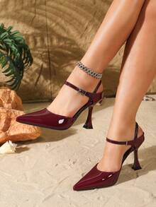 9cm Pointed Toe Adjustable Buckle Strap High Heels, Elegant Mirrored PU Leather Sexy Burgundy Pumps, Versatile & Comfortable For Daily, Party, Christmas, Valentine's Date, Women's Formal Shoes - Burgundy - View 2