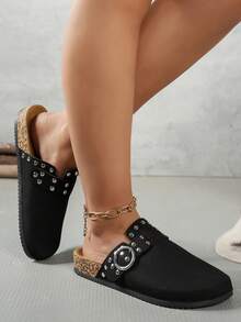 Zuecos de ante y madera para mujer, pantuflas de cuero, plantilla de corcho suave, soporte de arco, correa ajustable, pantuflas de interior - Negro - Ver 4