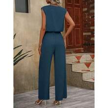 Two-Piece Set Women's Plain NotchedNeck Tank Top & Tie Front Pants Set,Casual Sleeveless Top & ElasticWaist Trousers For Summer, LadiesClothes For Daily Wear, Womenswear - 藍色 - 查看 3