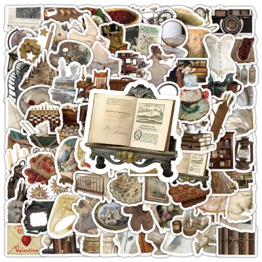 100pcs Vintage Classical Stickers, Suitable For Literature Journals, Notebooks, Cups, Refrigerators, Books, Luggage, Tables, Helmets, Skateboards, Guitars, Scrapbooks, DIY Boxes, Packaging Labels, Party Decorations - Multicolor - View 1