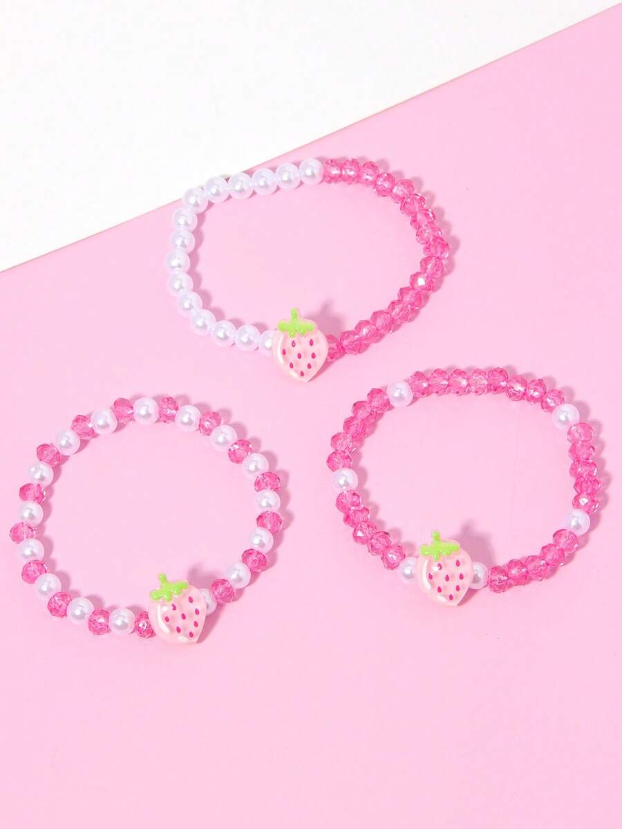 3pcs Cute Strawberry Beaded Bracelet/Bangle/Wrist Accessories, Suitable For Girls Everyday, Festival, Birthday, Party Wear - Multicolor - View 1