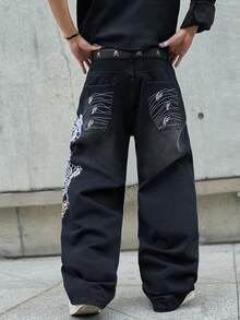 Hearty Haven 男士美式街头风刺绣阔腿牛仔裤，水洗休闲学院风宽松牛仔裤，四季皆宜，街头时尚（不含腰带或配饰） - 黑色 - 查看 3