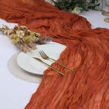 1pc Pleated Cheesecloth Table Runner, Suitable For Wedding, Bridal, Birthday Party Long And Round Dining Table Centerpiece Decor - Rust Brown - View 6