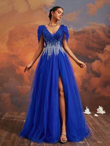 VIPGIRL Sequin Embellished Elegant Mesh Maxi Evening Gown, Navy Blue High Slit Formal Dress - Royal Blue - View 4