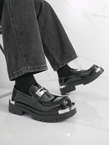 Men's Round Toe Thick Sole Derby Shoes, Fashion Loafers, Glossy Slip-On Casual Retro Dress Shoes For Men - Black - View 7