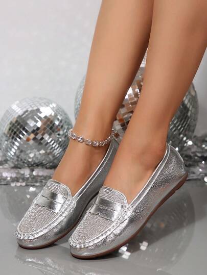2026 Spring New Fashion Flat Shoes For Women, Minimalist Versatile, Rhinestone Decor, Casual Lightweight Soft Bottom Comfortable Round Toe Work Shoes