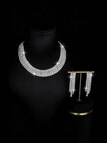 1 Set Shiny Silver Rhinestone Necklace And Earrings Jewelry Set, Suitable For Wearing With Party Dresses, Gift For Female Friends - Silver - View 10