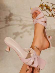 Eleganckie damskie pantofle z odkrytymi palcami i wysokim obcasem, eleganckie czółenka wsuwane - Różowy - Zobacz 2