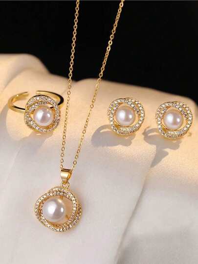 3pcs Elegant Sparkling Pearl Jewelry Set, Inlaid With Rhinestones, Wrapped Design, Includes Necklace + Earrings + Ring, Showcasing Refined Aesthetics