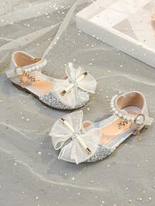 1 Pair Fashionable & Elegant Girls Princess Bow Rhinestone Summer Sandals, Casual Versatile Flat Slip-On Beach Shoes, Suitable For Toddler, Little & Big Kids - Silver - View 6