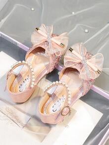 1 Pair Fashionable & Elegant Girls Princess Bow Rhinestone Summer Sandals, Casual Versatile Flat Slip-On Beach Shoes, Suitable For Toddler, Little & Big Kids - Pink - View 3