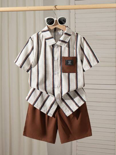 2pcs/Set Toddler Boys' Casual Striped Print Pattern Decorated Patch Pocket Polo Collar Short Sleeve Top And Solid Color Faux Drawstring Shorts, Spring/Summer