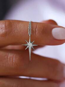 1pc Fashionable, Elegant & Minimalist Octagram Pendant Necklace - Silver - View 2