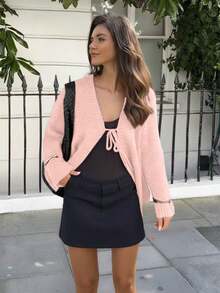 FOR BEAUTY 复古V领系带长袖针织开衫，时尚简约百搭，宽松版型毛衣开衫，女士秋季/新年必备 - 淺粉 - 查看 2