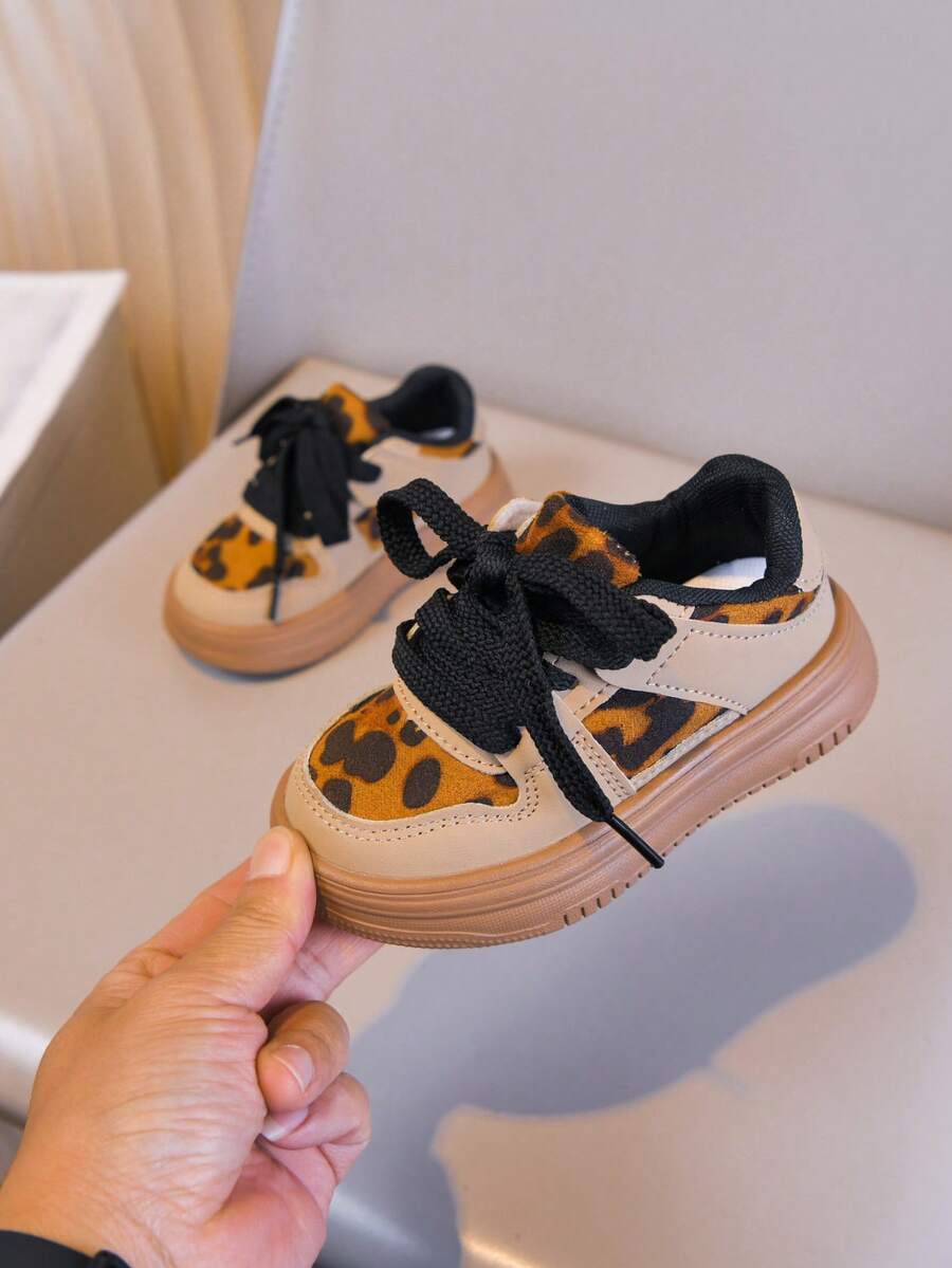 Girls' Leopard Print Casual Sneakers, Winter New Trainers - Khaki - View 1