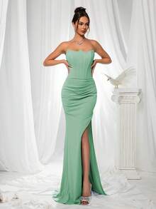 Đầm dạ hội maxi thanh lịch màu xanh bạc hà xếp ly, cổ yếm, hở lưng, xẻ tà, buộc dây của VIPGIRL - Xem 4