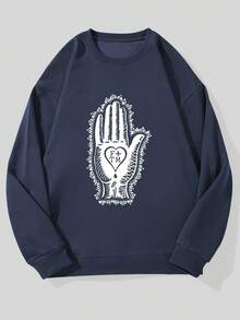 Men's Casual Crew Neck Sweatshirt With Handprint Pattern - 藏蓝色 - 查看 1