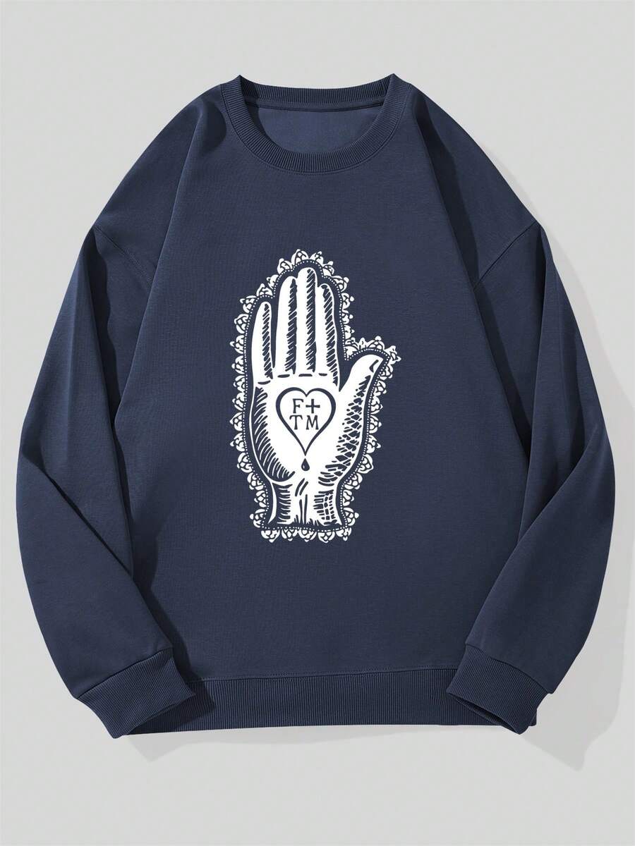 Men's Casual Crew Neck Sweatshirt With Handprint Pattern - 藏蓝色 - 查看 1