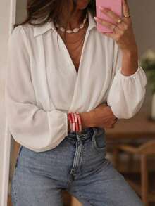 Áo kiểu voan trắng thanh lịch cổ chữ V chéo với cổ áo và tay phồng chun, thích hợp cho các hoạt động thường ngày, mẫu mới Xuân/Hè 2026. - trắng - Xem 7