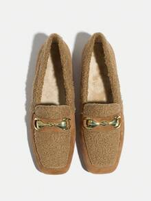 棕色平底玛丽珍鞋，百搭复古时尚户外低跟女鞋，豹纹印花，冬季乐福鞋，套脚式毛绒保暖方头鞋 - 棕色 - 查看 6