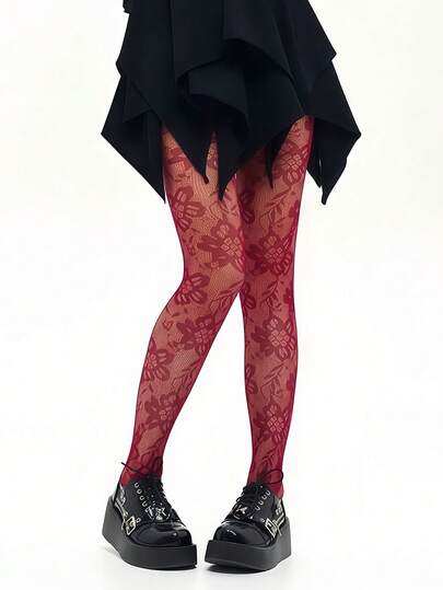 Enchanted Evening Stockings - Wine Red Lace Fishnets With Floral Detail For Date Night & Special Occasions