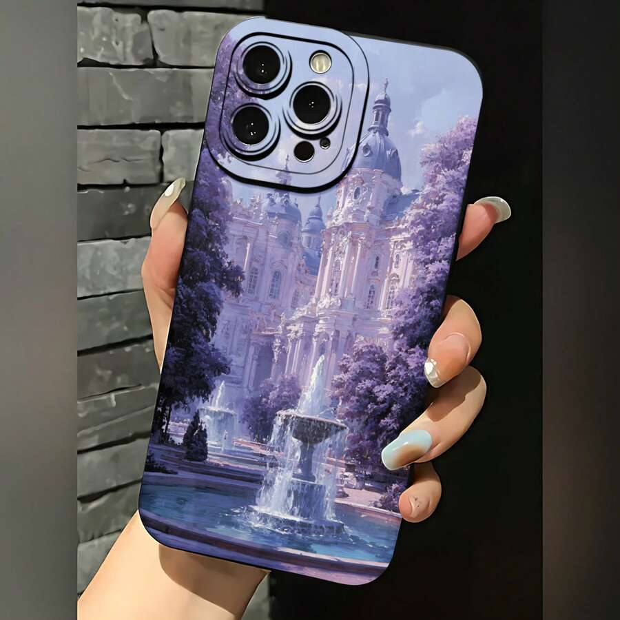 2026 nueva funda de teléfono esmerilada, funda de teléfono con impresión de castillo y fuente para  17 14 Pro Max  17 13 Pro  17 12  17 11  Galaxy S23 S22 S21 S20 S10 protector de teléfono funda de pareja regalo para novio novia día de San Valentín regalo de cumpleaños - Blanco antiguo - Ver 1
