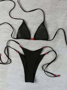 Polovedo Official Solid Color Strap Sexy Women's Bikini Swimsuit, Valentine's Day - Black - View 3