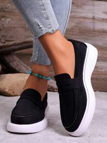 圆头厚底休闲百搭厚底乐福鞋，舒适轻便，适合步行，可搭配裤装，日常穿着，学生、女士皆宜，2026新款上市 - 黑色 - 查看 6