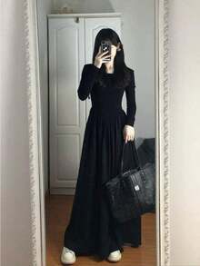 New For Early Fall: Women's French Hepburn Black Long Dress: Long Sleeves For Cold Protection, A-Line Figure-Shaping, High Waist For Longer Legs, Elegant For Commuting, Korean-Inspired Details, Can Be Worn Inside Or On Its Own, A Simple Black Fall Staple - 黑色 - 查看 5