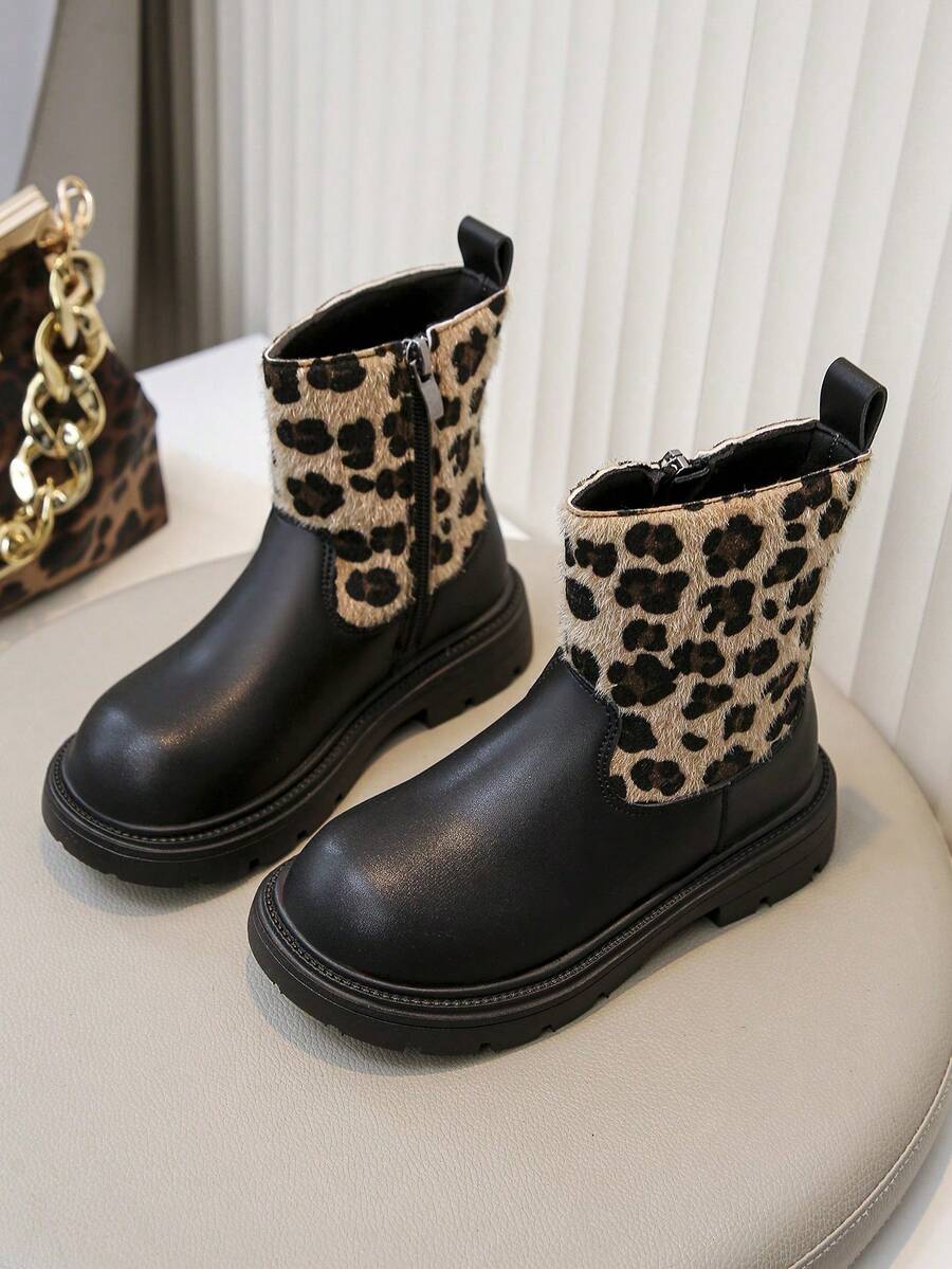 1 Par de Botas Elásticas de PU Fofas e Unissex para Crianças, Botas Quentes para Faculdade e Uso Externo, Botas Casuais para Crianças Pequenas, Botas para Todas as Estações - Preto - Visão 1