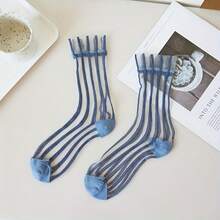 1 Pair Striped Sheer Glass Silk Stockings, Thin Breathable Mid-Calf Socks, Women's Long Socks, Spring/Summer - Multicolor - View 3