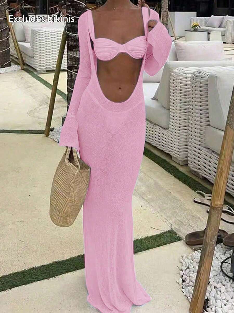 FOR BEAUTY Women's New Arrival Spring/Summer: Peach Pink Fitted Waist Hollow-Out Deep V-Neck Knit Maxi Dress, Suitable For Beach, Seaside, Swimming - Light Peach Pink - View 1
