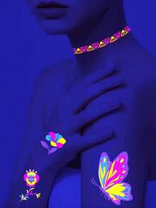 10张夜光纹身贴纸，防水防紫外线霓虹面部纹身，黑暗中发光临时纹身，身体贴纸，派对礼品用品，音乐节必备，情人节用品 - 彩色 - 查看 7