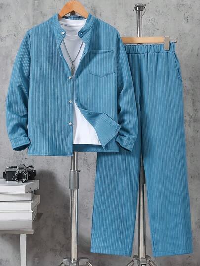 2pcs/Set Boys' Crinkle Long Sleeve Shirt With Pockets And Casual Pants Suit, Gentleman Style, For Ages 8-12 Years