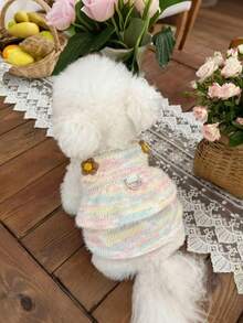 粉彩彩虹小狗连衣裙，毛茸茸的针织毛衣裙，带D形环可系牵引绳，可爱花朵装饰，适合小型、中型犬猫穿着，保暖冬季宠物服装 - 彩色 - 查看 7