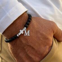 1pc New Silver Color Stainless Steel Initial Cross Matte Stone Beaded Bracelet For Men - Multicolor - View 71