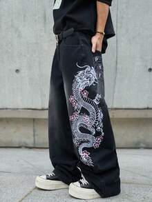 Hearty Haven 男士美式街头风刺绣阔腿牛仔裤，水洗休闲学院风宽松牛仔裤，四季皆宜，街头时尚（不含腰带或配饰） - 黑色 - 查看 1