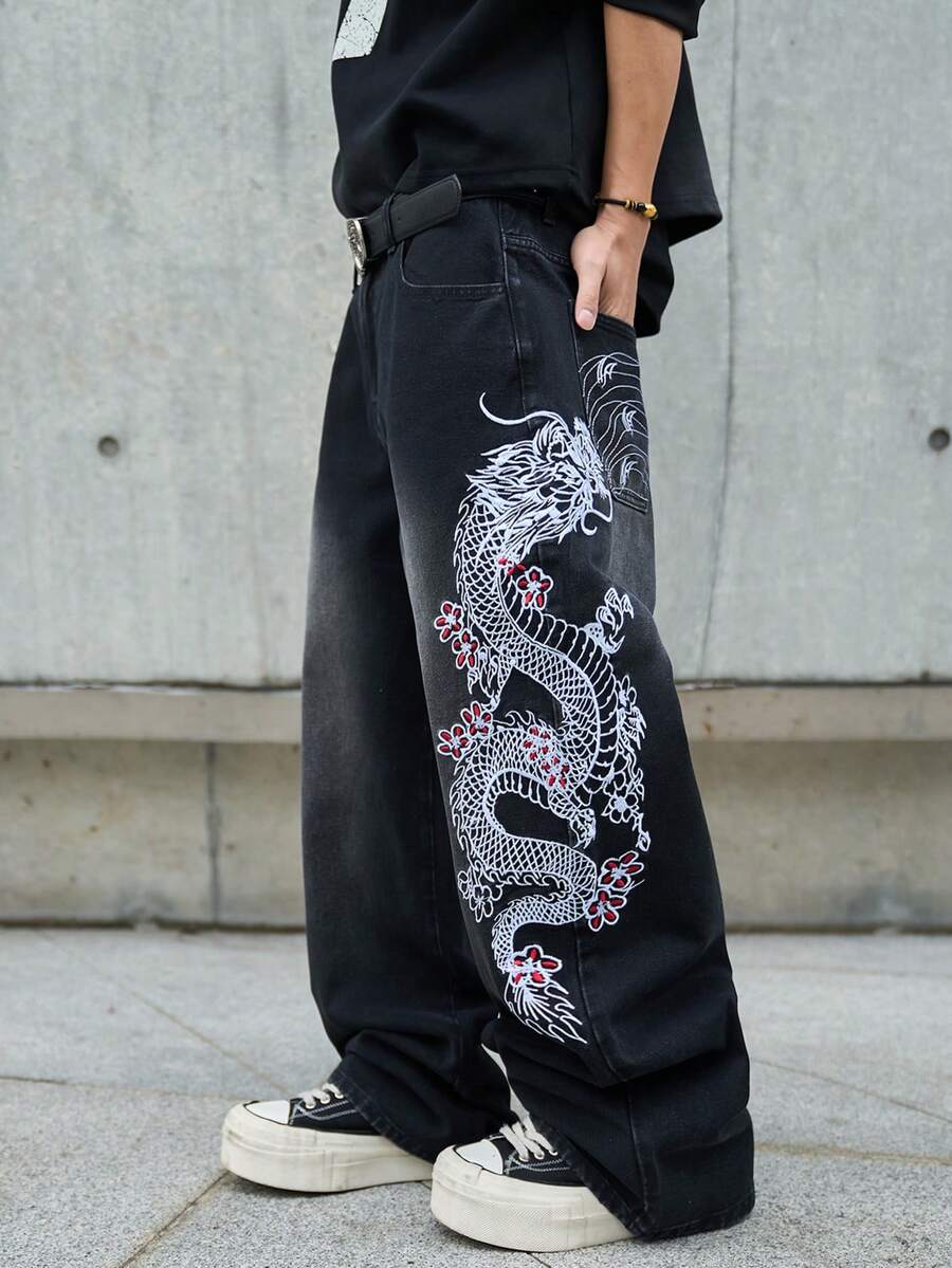 Hearty Haven 男士美式街头风刺绣阔腿牛仔裤，水洗休闲学院风宽松牛仔裤，四季皆宜，街头时尚（不含腰带或配饰） - 黑色 - 查看 1