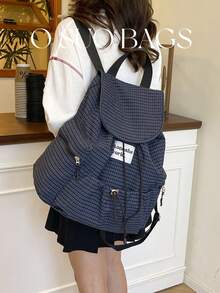 大容量时尚格子多口袋尼龙休闲背包，防水轻便可折叠抽绳字母贴布旅行包，夏季