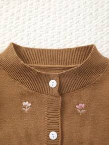 Baby Girl Knitted Floral Embroidery Cardigan - Brown - View 2