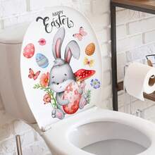 1张可移除卡通兔子、彩蛋、花朵、蝴蝶图案马桶贴纸，适合复活节、春季卧室和浴室家居装饰 - 彩色 - 查看 7