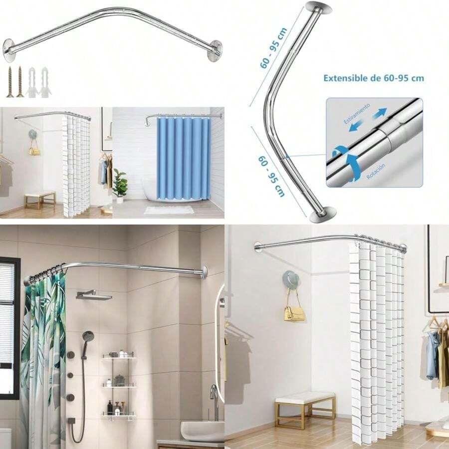 Barra de Baño para Cortina, Barra de Cortina de Ducha Extensible de 60-95 cm en Forma de L de Acero Inoxidable, Tubo para Cortina de Baño de Esquina, Plateada(Plateado) - Multicolor - Ver 1