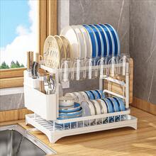 1 set de 2 niveaux de rack de séchage et de rangement de vaisselle en métal robuste avec plateau de drainage - organisateur de cuisine gain de place avec étagères supérieures et inférieures, porte-ustensiles et crochets pour tasses, convient pour ranger et sécher les bols, les baguettes, les assiettes, les fourchettes, les cuillères, les planches à découper, les couteaux et autres ustensiles. Rack de séchage de vaisselle de cuisine compact, design moderne résistant à la rouille pour la maison, rack de séchage de vaisselle pour plan de travail de cuisine, rack de rangement de cuisine, rack de séchage de vaisselle - Multicolore - Voir 4