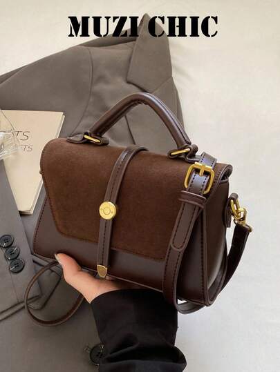 New Stylish Classic Metal Buckle Decorative Design Portable Adjustable Shoulder Strap Square Bag, Burgundy Flap Design, Suitable For Outdoor Sports, Commuting, Shopping, Campus, And Short Trips.