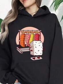 Women'S Japanese Anime Sushi Roll Graphic Hoodie - Cute Chibi Sushi Character Sweater With Mochi Pocket, Soft Pink & Grey Casual Pullover For Easter, Valentine'S Day, Mother'S Day Gifts, Cozy Fall/Winter Sweater For Anime Fans & Japanese Lovers - 黑色 - 查看 1