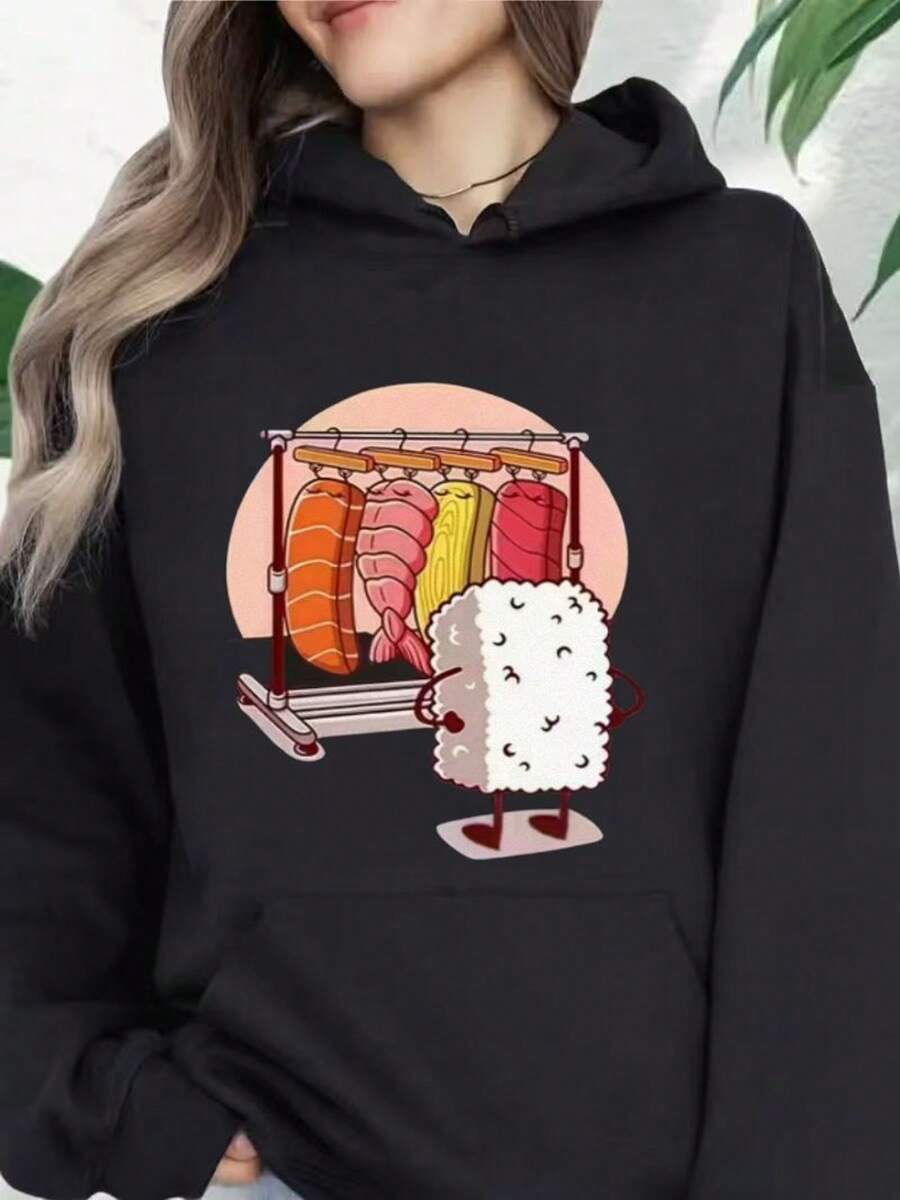 Women'S Japanese Anime Sushi Roll Graphic Hoodie - Cute Chibi Sushi Character Sweater With Mochi Pocket, Soft Pink & Grey Casual Pullover For Easter, Valentine'S Day, Mother'S Day Gifts, Cozy Fall/Winter Sweater For Anime Fans & Japanese Lovers - 黑色 - 查看 1
