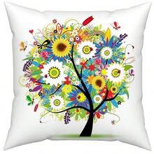 1pc Floral & Tree Print Decorative Pillow Cover, Colorful Flower Cushion Cover For Sofa, Chair, Bedroom, Living Room - Multicolor - View 9