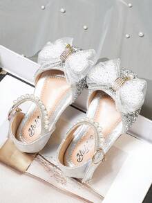 1 Pair Girls' Princess Bow Rhinestone Sweet Casual Sandals, Versatile Flat Slip-On Beach Shoes, Suitable For Toddler, Little, Big Kids, Spring/Summer/Autumn - Silver - View 4