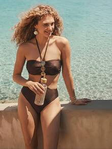 Women's Elegant Backless Tie Strap One-Piece Swimsuit, High Elasticity Fabric, Short Style - Coffee Brown - View 3