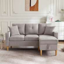 Modern L-Shaped Sofa, 3-Sitzer-Sofa With Chaiselongue, Stauraum, Integrated Getränkehalter, With 2 Kissen Geliefert, Geeignet Für Wohnzimmer, Büro, Wohnung Usw., Video Verfügbar - Light Gray - View 5